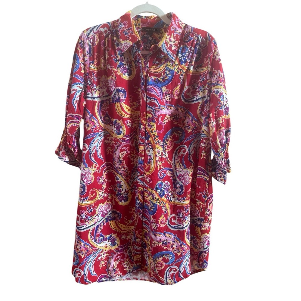 NWT Boho Chic Red Paisley Button Down Shift‎ Dress